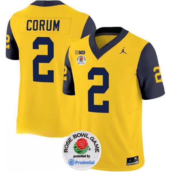 Mens Michigan Wolverines #2 Blake Corum 2023 F.U.S.E. Yellow Navy Rose Bowl Patch Stitched Jersey Dzhi